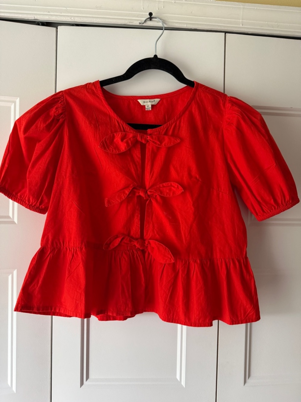 Sim & Sam Red Bow-Tie Peplum Blouse- SZ XS